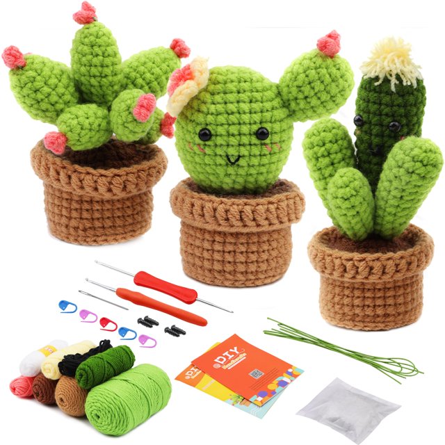 Tignapoo DIY Crochet Kit for 3 Unique Cactus Plants - Complete Crafting Set with Yarn, Hooks, and Tutorials for Beginners and Experts