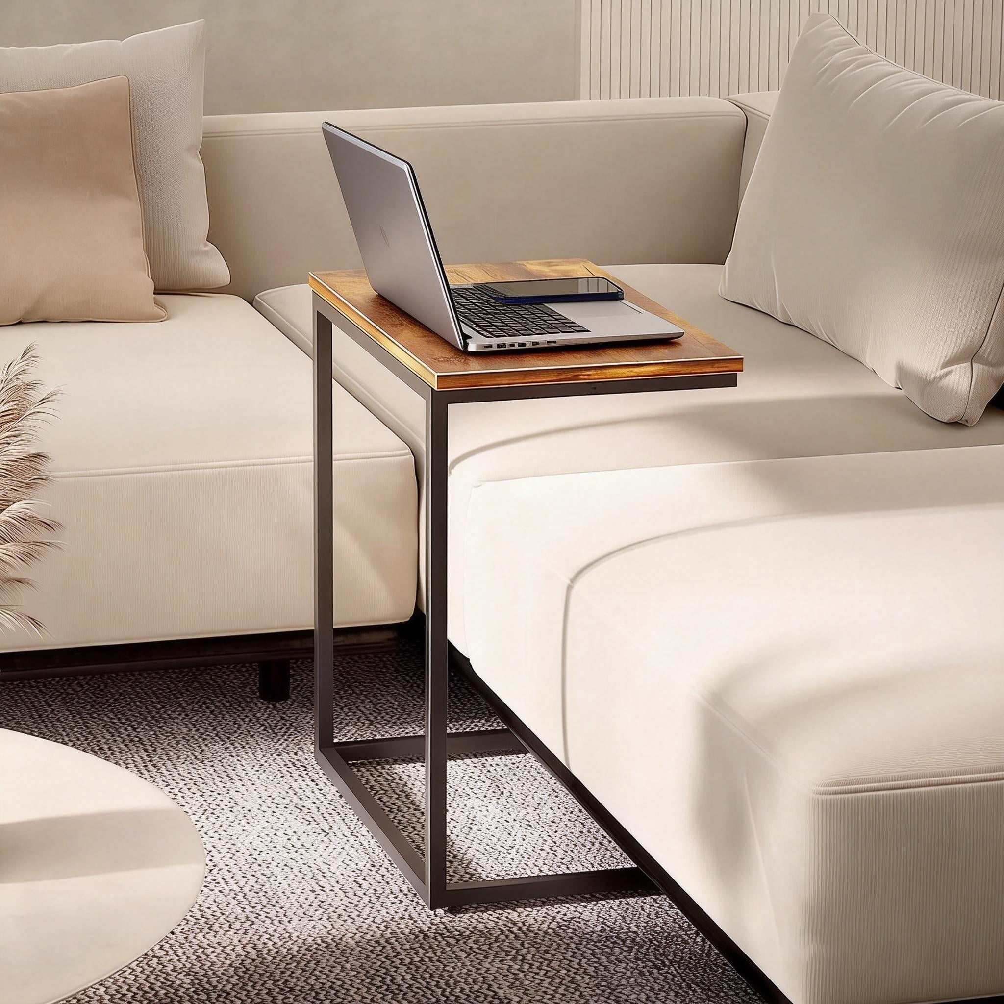 C Shaped End Table, Metal Square Side Table for Sofa, for Coffee, Laptop, Heavy-Duty Small Side Table for Couch, Sofa Table for Living Room, Bedroom, Bedside