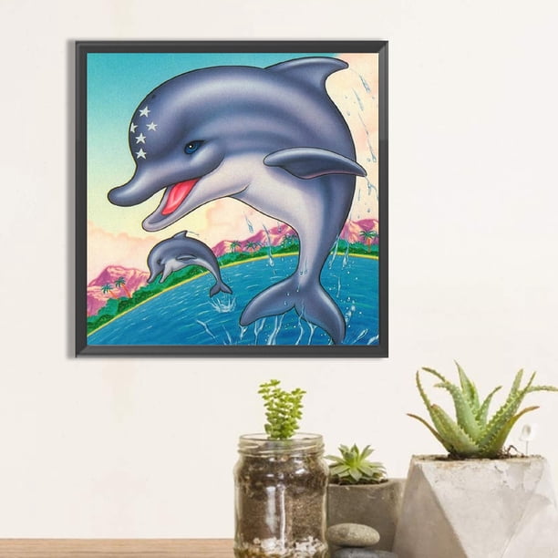 Cuadros Decorativos Pintura de diamante 5D DIY Taladro redondo completo Delfín Decoración del hogar Arte Artesanía DQrwqpou embutido en tela