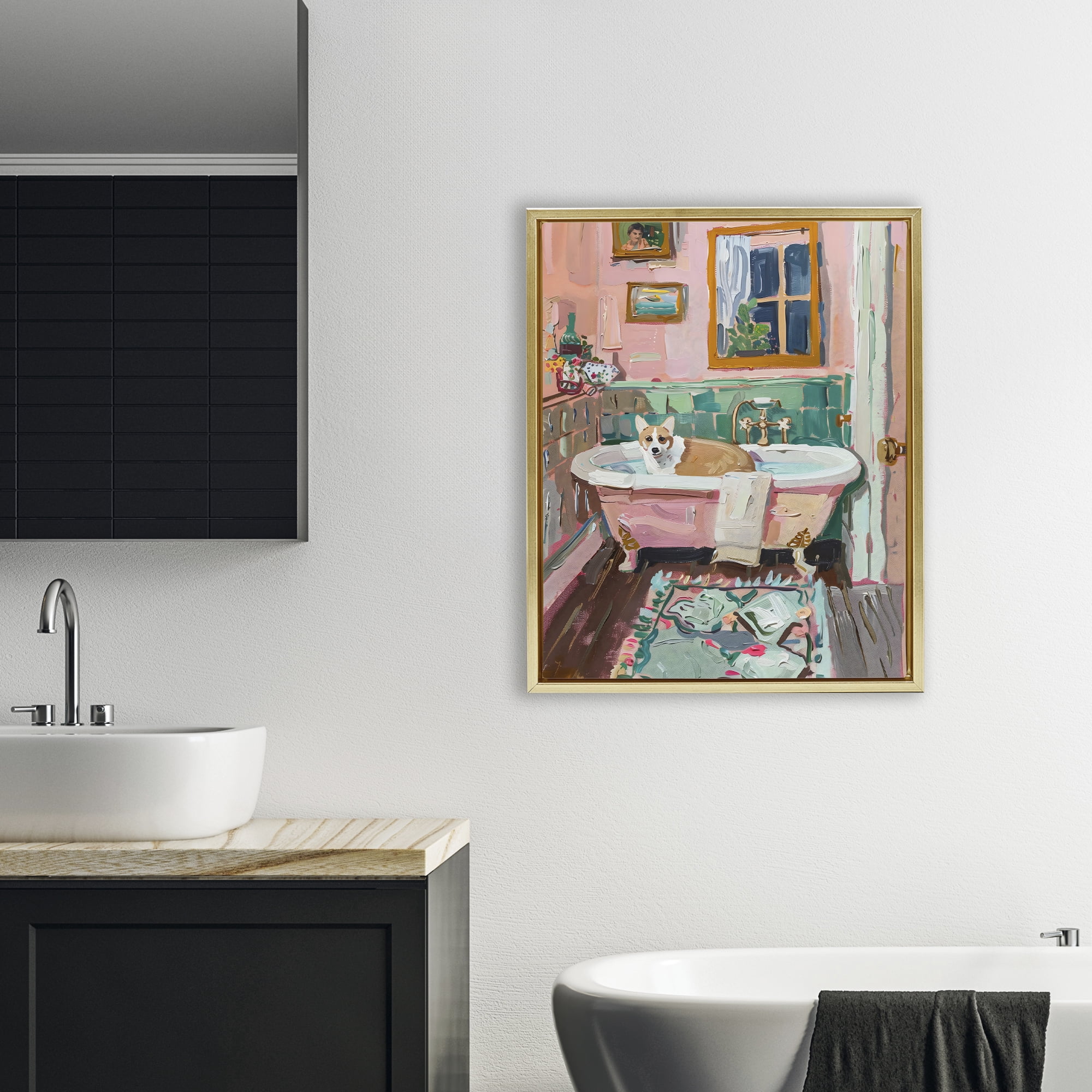 Stupell Industries Corgi in Pastel Tub Gold Framed Floater Canvas Wall Art, design by The Prints Vibe