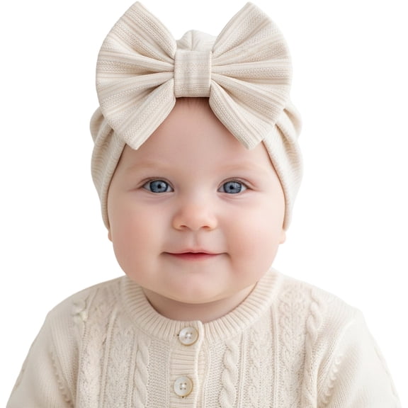 Gtoiithly Warm Plush Knit Baby Beanie Turban, Stretchy Fuzzy Bow Hat, Comfortable Toddler Cap for Fall Winter Khaki 0-24 Months