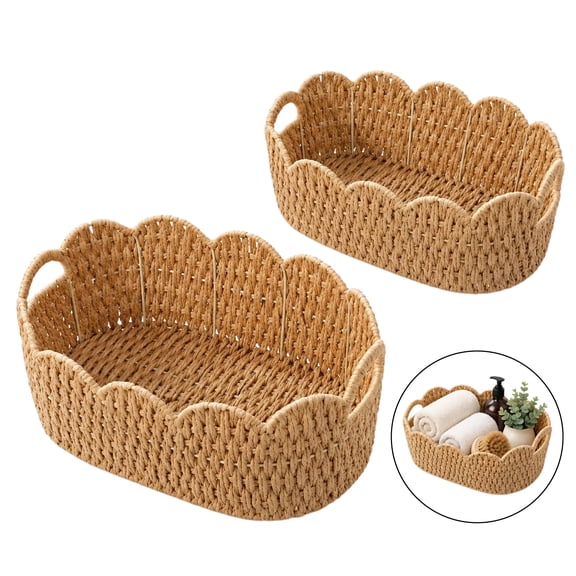 Finew Set of 2 Paper Rope Scalloped Baskets, Wicker Storage Baskets with Handles for Shelves, Home Decor, and Organizing, Natural