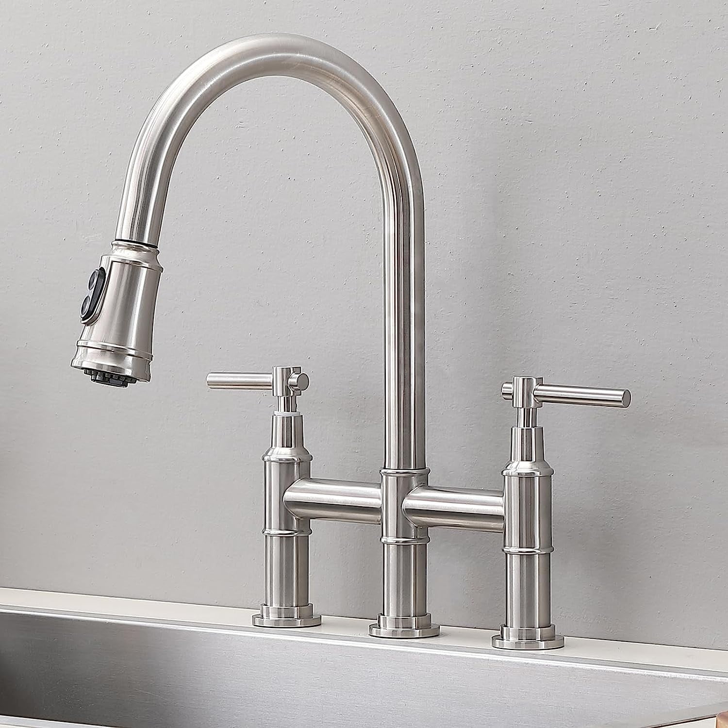 Brushed Nickel Bridge Kitchen Faucet,3 Hole Farmhouse Kitchen Sink ...