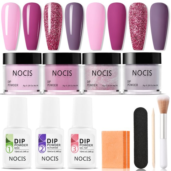 NOCIS 4 Colors Nail Dipping Powder Set Nail Art Starter Kit Dip Powder Fast-drying No UV/LED Nail Lamp Needed with Base Top Coat Activator for Home DIY Salon Nail Art