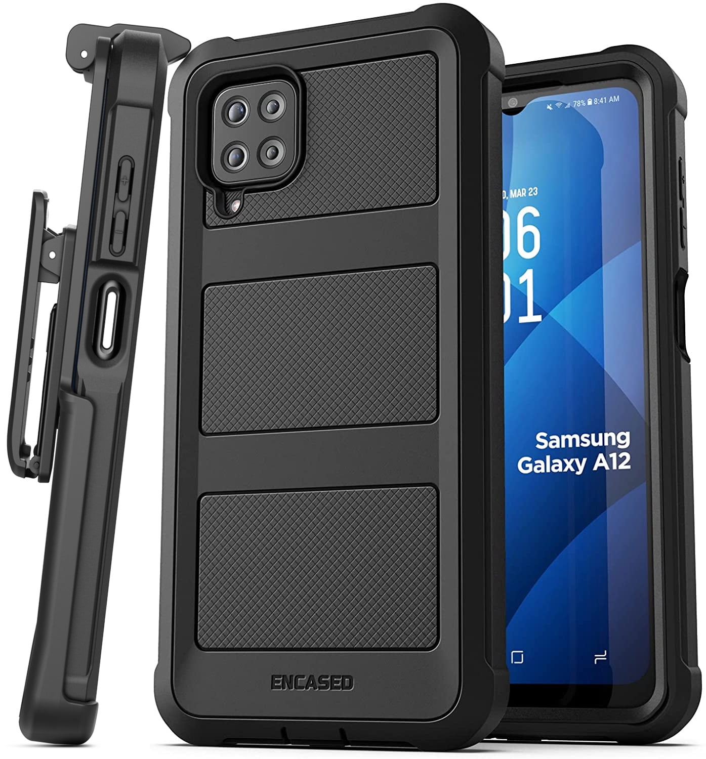 Encased Falcon Designed for Samsung Galaxy A12 Belt Clip Case, Full Body Protective Phone Case with Holster (Black)