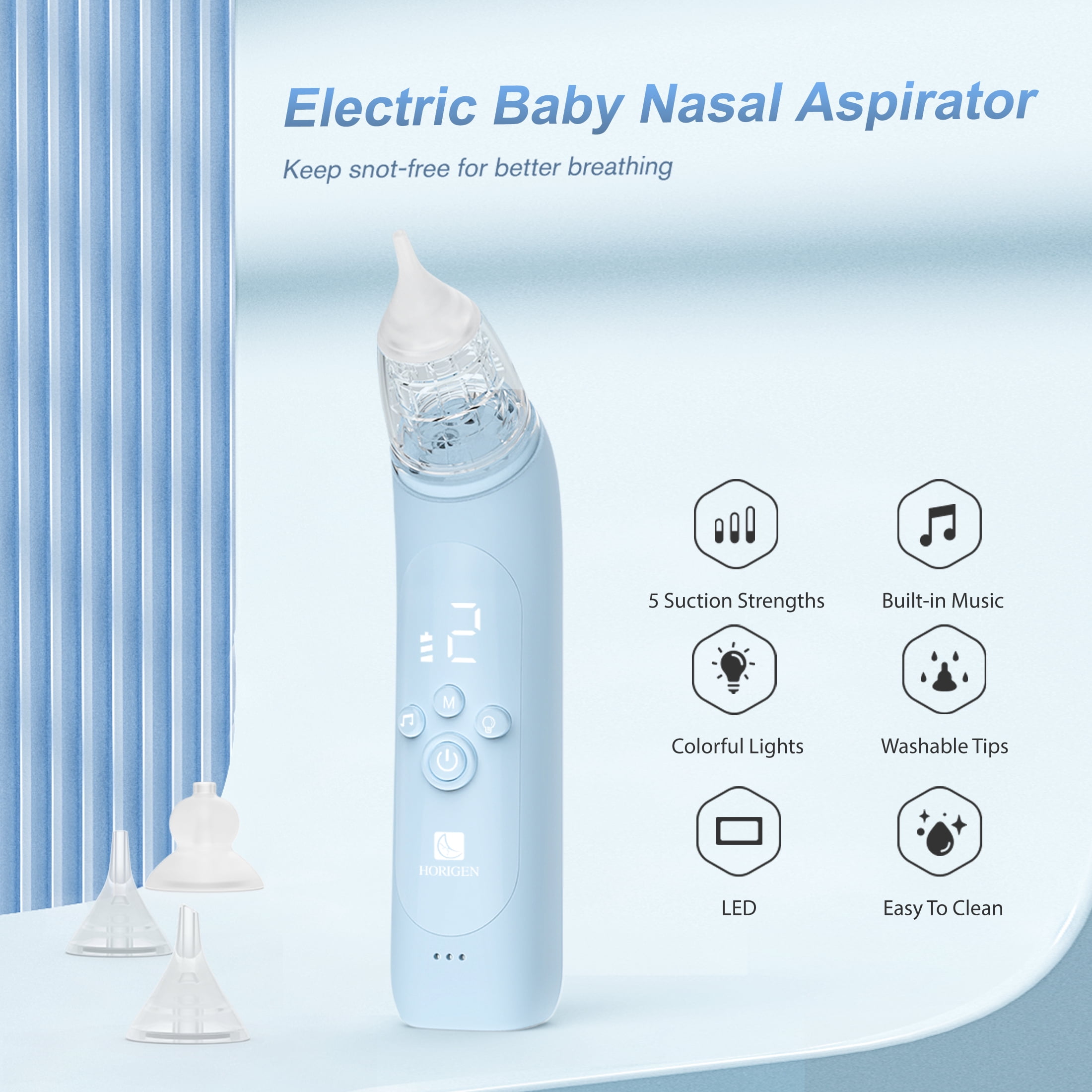 Horigen Baby Nasal Aspirator, 68kPa Electric Nose Sucker with Music & Light, Portable for Newborns