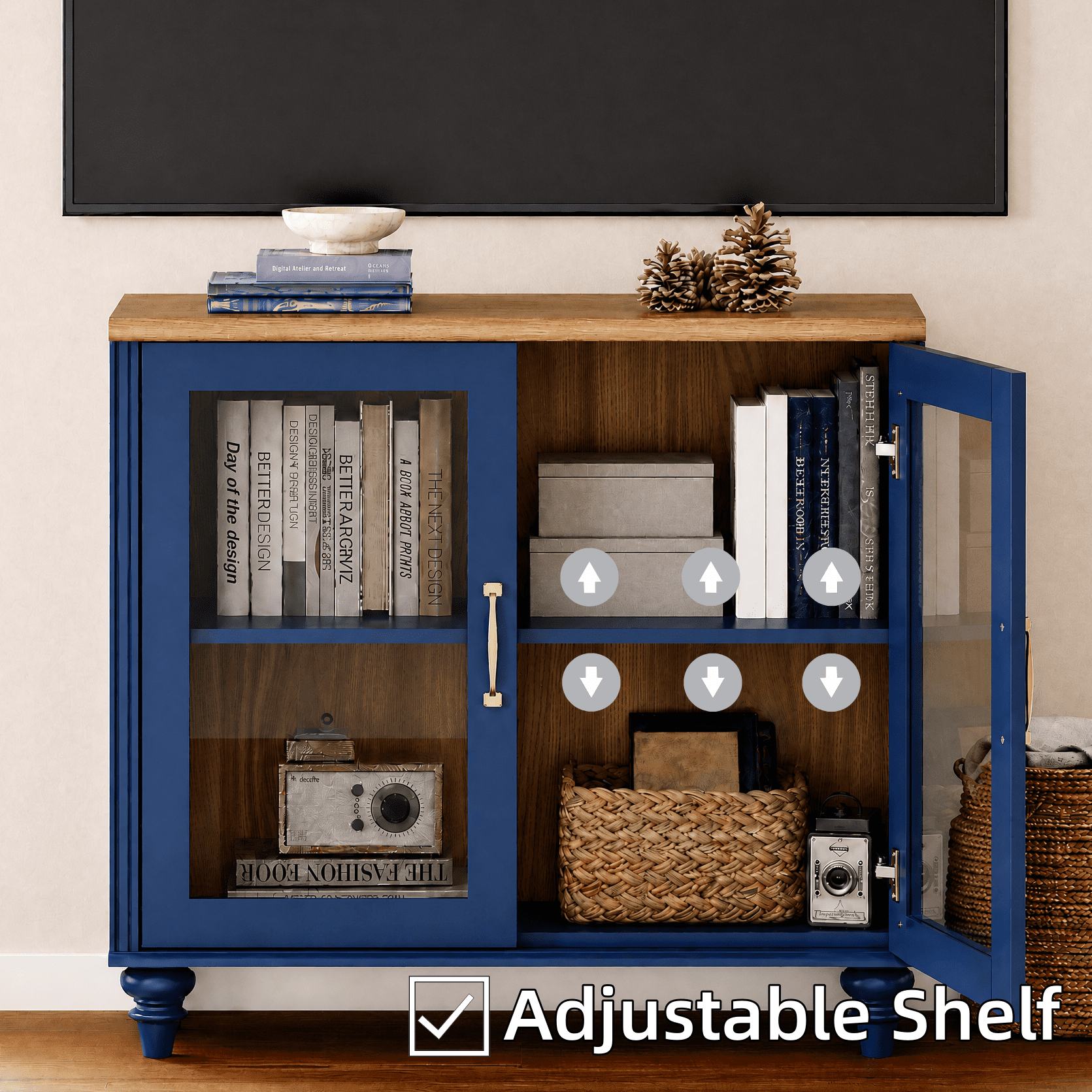 34" Buffet Cabinet with 2 Glass Doors, Kitchen Storage Cabinets, Wood Coffee Bar Table with Adjustable Shelf, Sideboard Credenza for Dining Room, Navy Blue