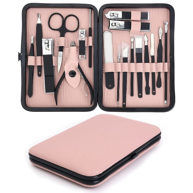 18 piezas de herramientas de pedicura, alicates para cutículas, recortador afilado con mango de diseño antideslizante, cortaúñas para mujer, estuche de cuero PU rosa, kit de pedicura