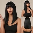 thumbnail image 3 of Straight Black Bob Synthetic Wig with Bangs Medium Long Cosplay Layered Wigs for Woman, 3 of 7