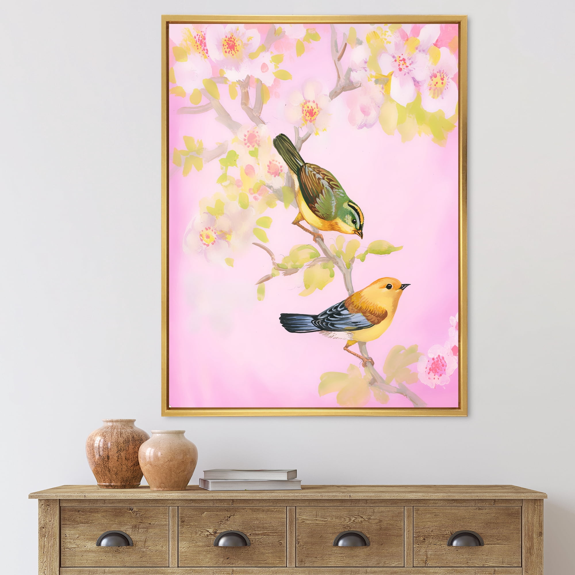 Designart 'Beautiful Bright Birds Sitting On Branch' Traditional Framed Canvas Wall Art Print