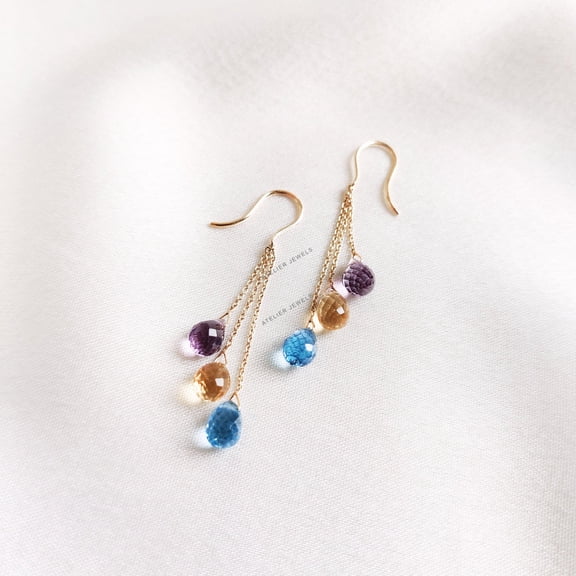 Natural Purple Amethyst, Citrine & Swiss Blue Topaz Earrings, 14K Solid Gold Earrings, Multistone Drop Danglers, Christmas Present
