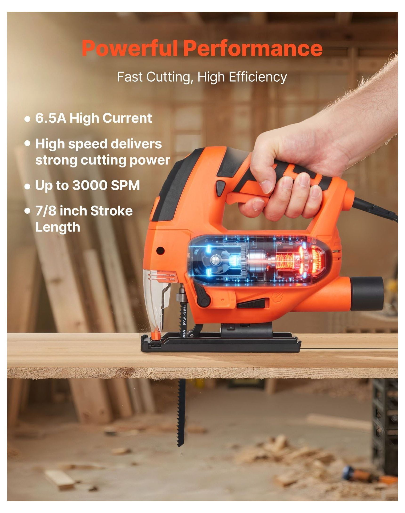 Jig Saw, 6.5 Amp, 3000 SPM Blade Speed, Electric Jigsaw with 6 pcs Blades, LED Light, 6 Variable Speed, 0- 45° Bevel Cuts, 4 Orbital Settings for Straight/Circle Cutting, for Wood and Metal