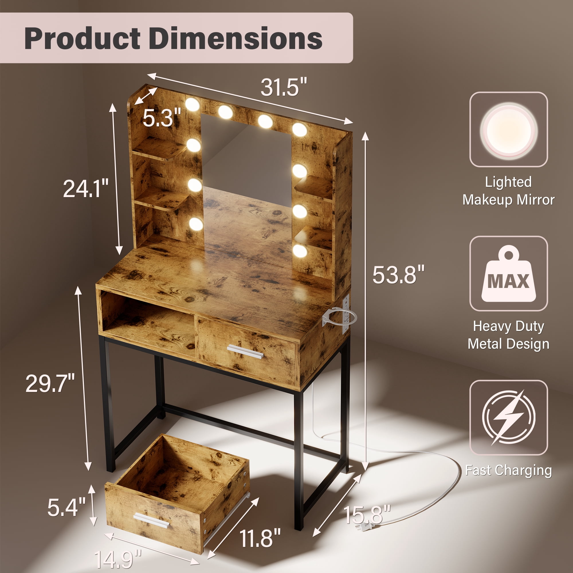 Homall Vanity Desk with Mirror, Power Outlet & LED Lights, Makeup Vanity Table with 2 Drawers & 4 Shelves, Dressing Table for Bedroom Dressing Room, Brown