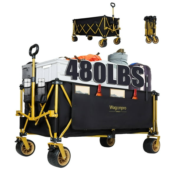 67.5 in Extra Long Large Foldable Heavy Duty Utility Beach Wagon,Opened Tailgate and All-Terrain Wheels, 480lbs Capacity, Patented Ultra-Stable Frame, No Assembly Needed, Black