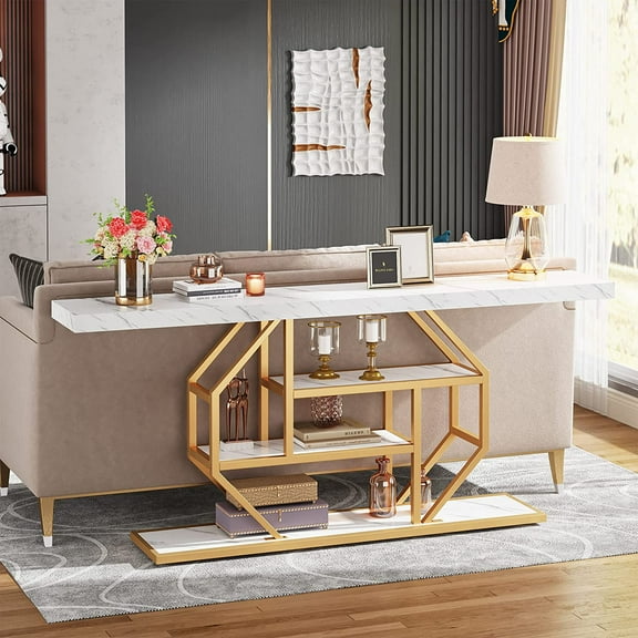 Tribesigns 70.9 inch Extra Long Console Table, Modern Gold Sofa Table Behind Couch with Storage
