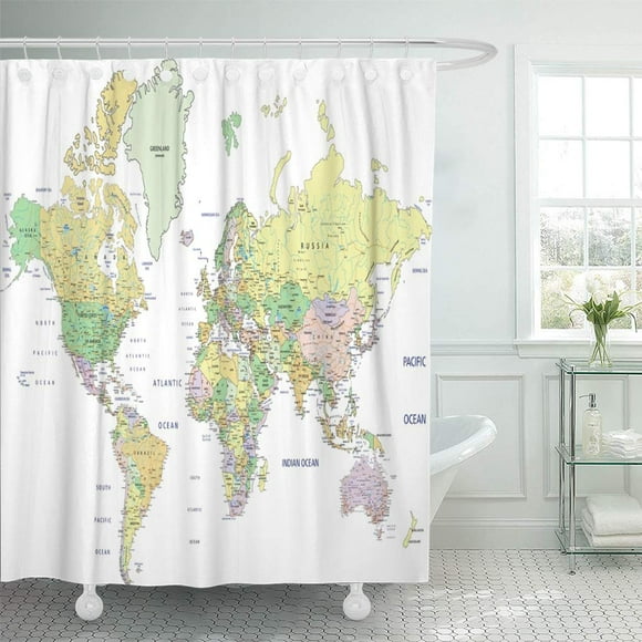 SUTTOM Blue Detail Highly Detailed Political World Map Labeling States Shower Curtain 60x72 inch