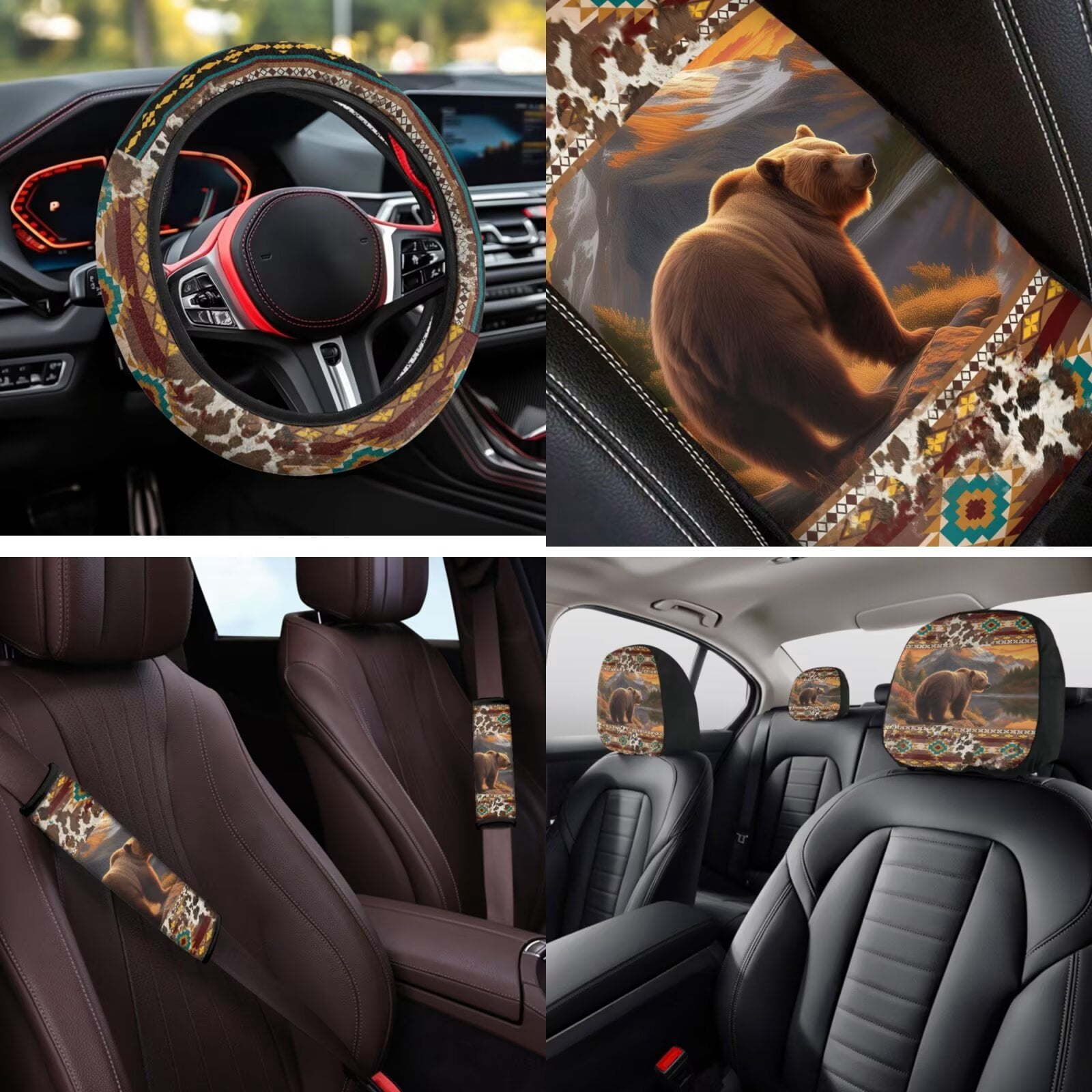 Binienty Aztec Brown Bear Automotive Seat Covers with 15 Inch Steering Wheel Cover Elastic Center Console Cushion Anti-Slip Seat Belt Pads 14 Piece Car Interior Decor Set
