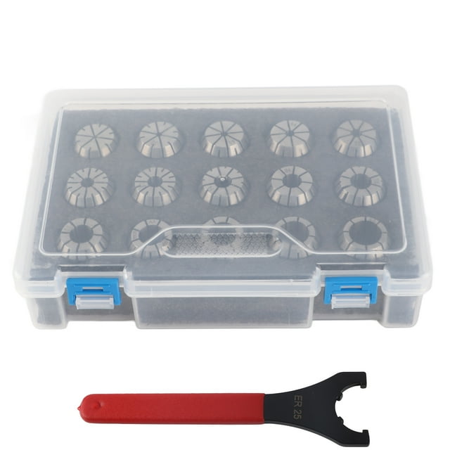 15-Piece ER25 Spring Collet Set with Wrench – High-Speed Steel Construction for CNC Milling, Precision Clamping (1-15mm Inner Diameters), Includes Plastic Storage Case, SKER2515PC03 Model
