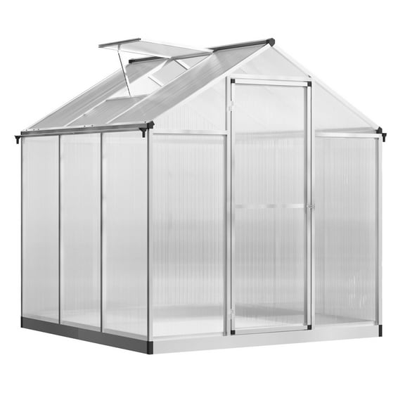 SAZYY 6'x6' Walk-In Polycarbonate Greenhouse with Roof Vent & Rain Gutter, Winter Garden Greenhouse for Outdoor Backyard Plant Growing, All-Season Clear