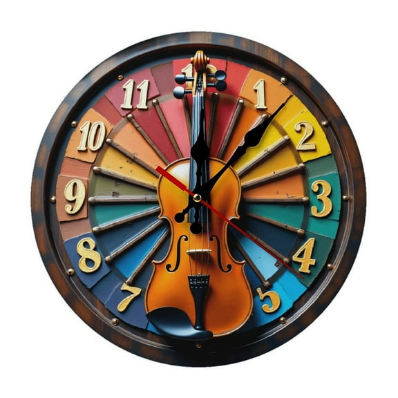 Colorful Violin Wall Clock 10 Inch Silent Non Ticking Round Clock Decoration for Living Room Kitchen Bedroom Bathroom Office Classroom