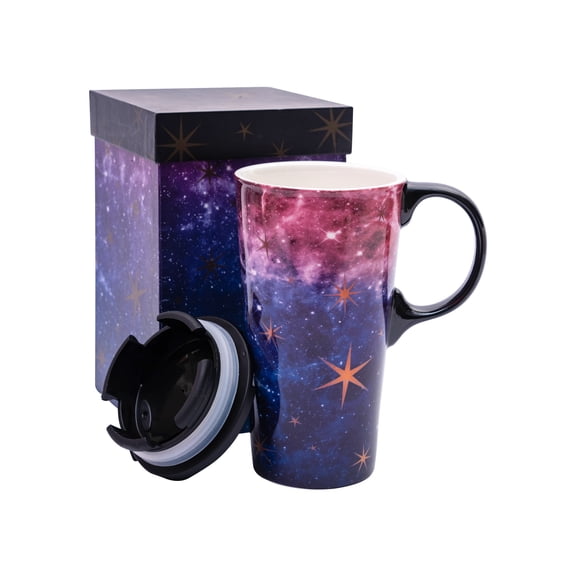 Topadorn Galaxy Starry Sky Ceramic Travel Mug, 17oz, Nebula Print, Spill-Resistant Lid, Microwave & Dishwasher Safe, Gift Boxed