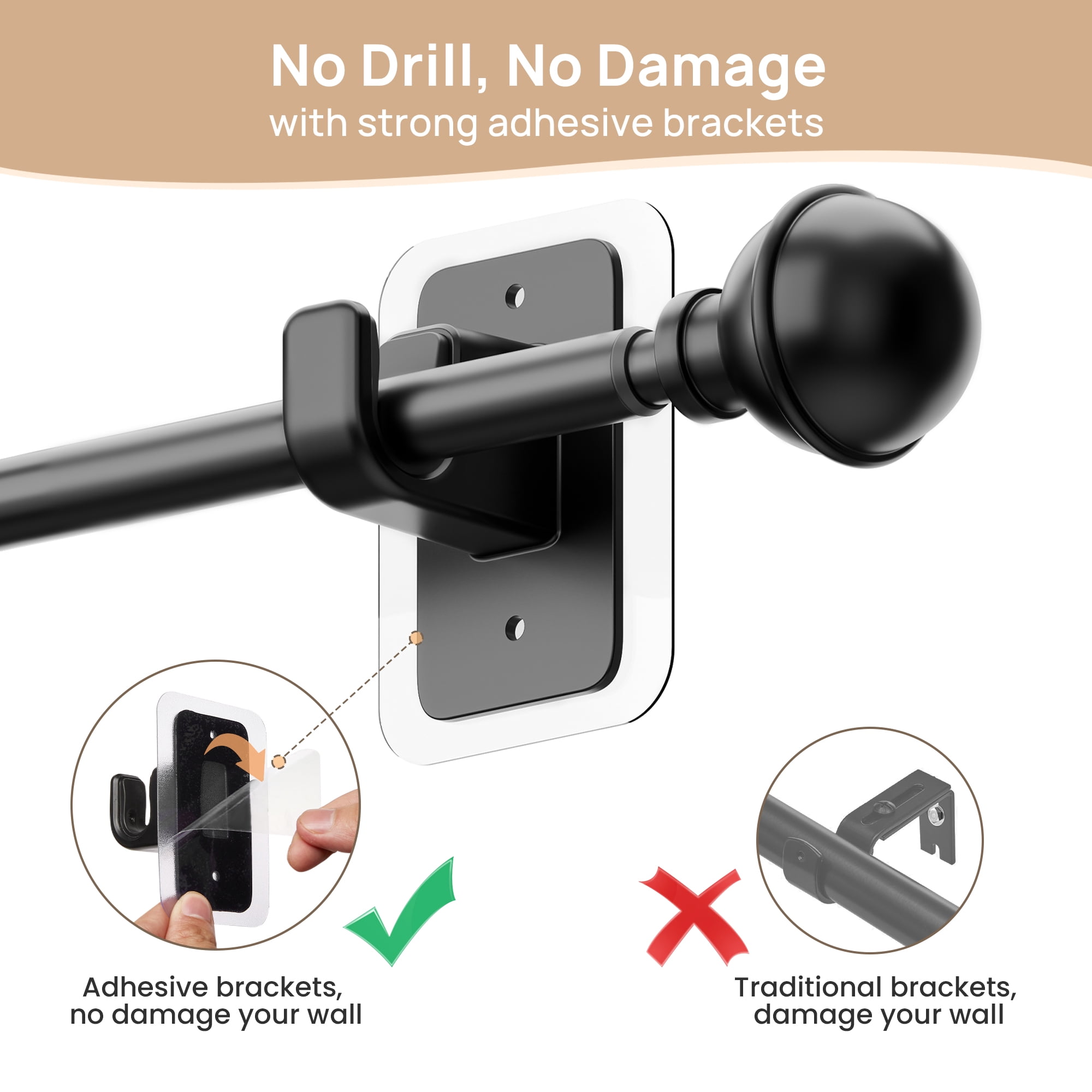 Sindcom No Drill Curtain Rods for Window 27 to 48 Inches, 5/8 Inch Diameter Renter Friendly Drapery Rod with Adhesive Brackets without Drilling, Adjustable from 27 to 52 Inches, Black