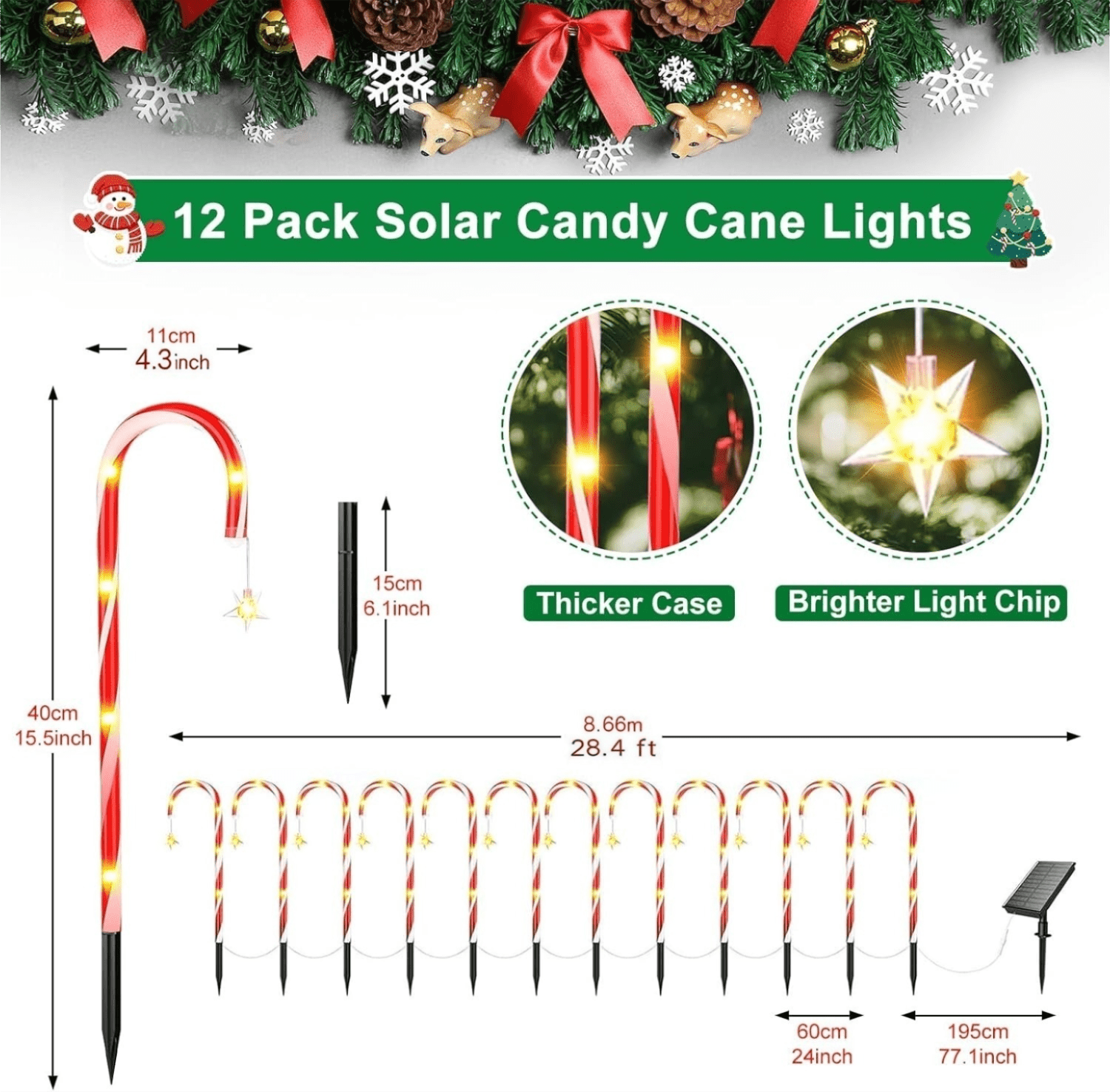 Qoosea 12Pack Outside Christmas Decorations Solar Candy Cane Lights, 72Led 8 Modes Waterproof Solar Christmas Holiday Outdoor Lights for Lawns Pathway Lights