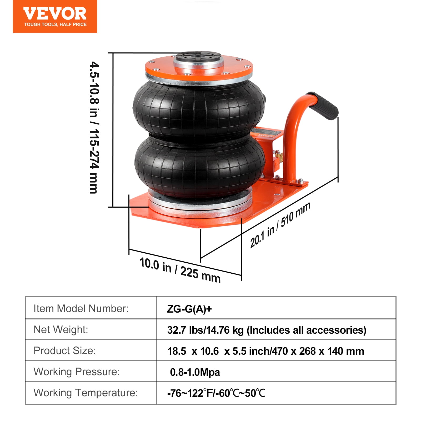 VEVOR Air Jack, 3 Ton/6600 lbs, 3-8S Pneumatic Lifting Jack with Heightened Column & 6 Steel Tubes, Compact, Easy-to-Lift & Space-Saving Jack with Thick Rubber Pad, Fits for Sedan, SUV, Pickup Truck