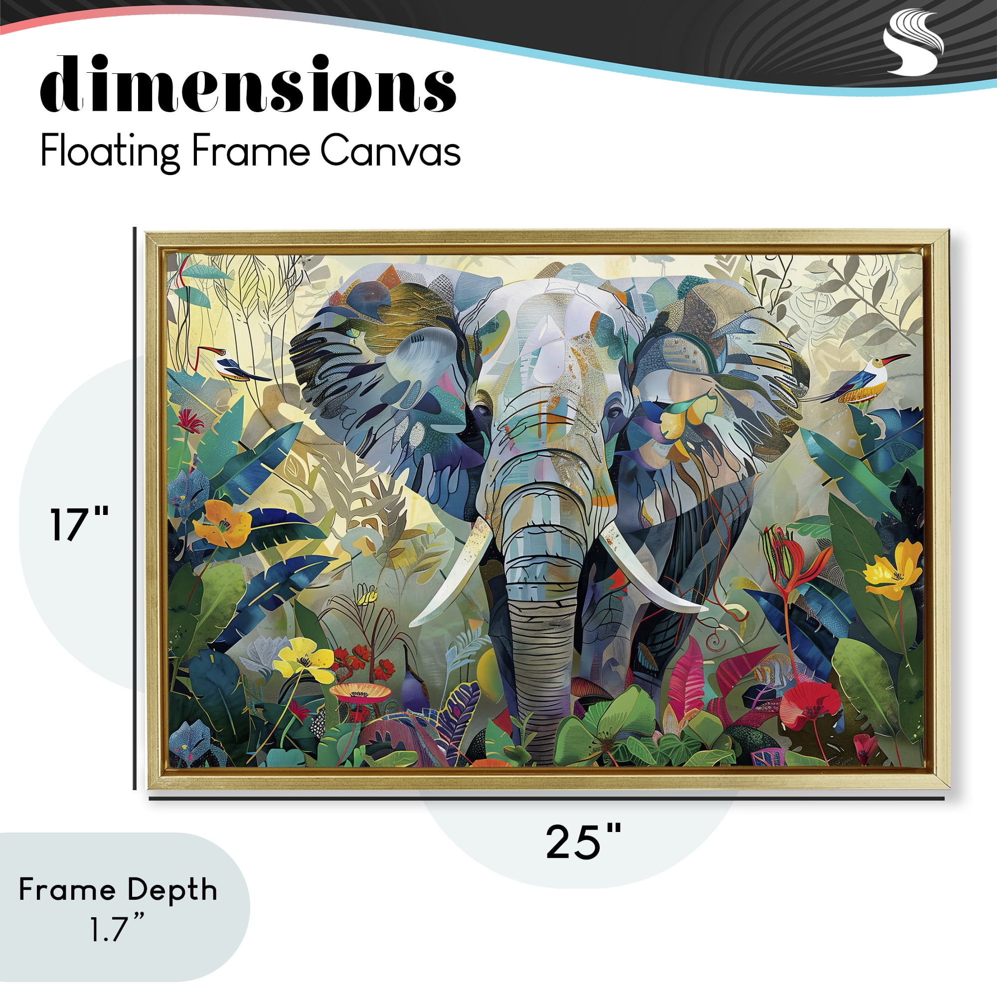 Stupell Industries Elephant's Realm in Tropical Bloom Gold Framed Floater Canvas Wall Art, design by Lazar Studio