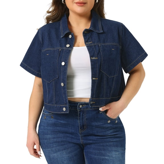 DARING DIVA Women's Plus Classic Washed Cropped Denim Jacket 1X Dark Blue