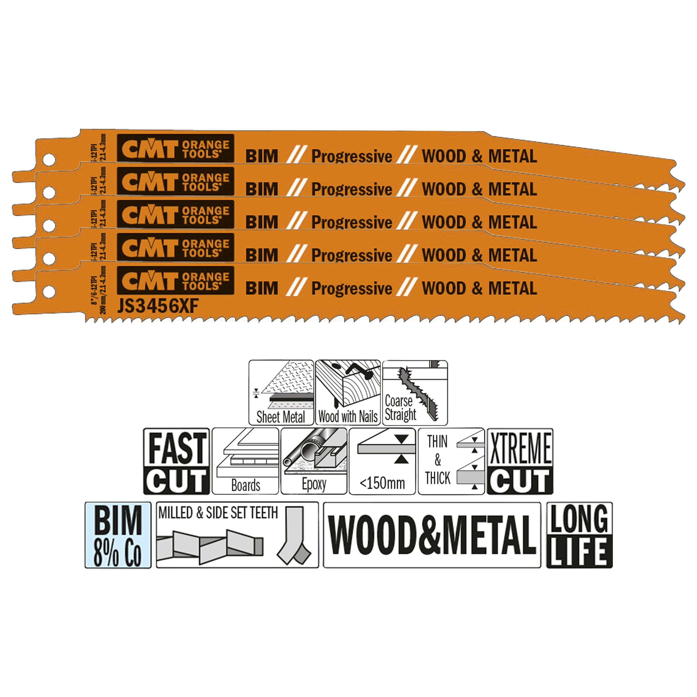 CMT JS3456XF-5 6-12 TPI 5-Piece 7-Inch Bimetal Saw Blades for Reciprocating Saws