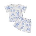 thumbnail image 3 of HVOBTTY Toddler Kid's Summer Casual Bow Print Crew Neck Short Sleeve Top and Ruffled Shorts Trendy Top 2 Piece Outfit Suits Blue,3-4 Years, 3 of 5