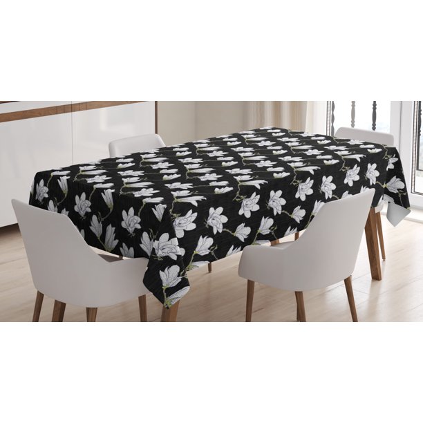 Magnolia Tablecloth, Hand Drawn Countryside Flowers Blossoming Nature