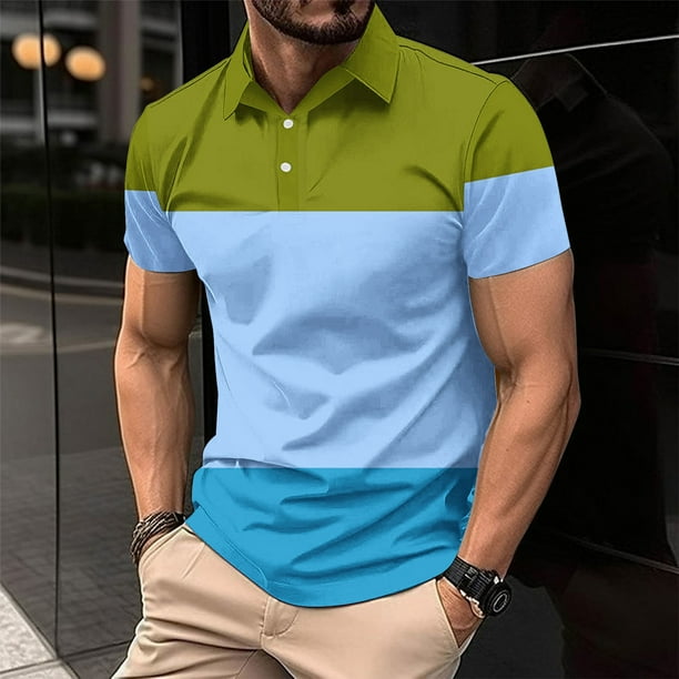 pstuiky camisetas para hombre, Camisa deportiva de manga corta con solapa y botones a rayas de patchwork para hombre camisas casuales para hombre xxl