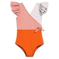thumbnail image 4 of YTCAMLO Little Girls One Piece Swimsuits Summer Fashion Color Block Patchwork V Neck Ruffle Sleeve Bathing Suits Quick Dry Beach Swimwear, Orange 13-14 Years, 4 of 8