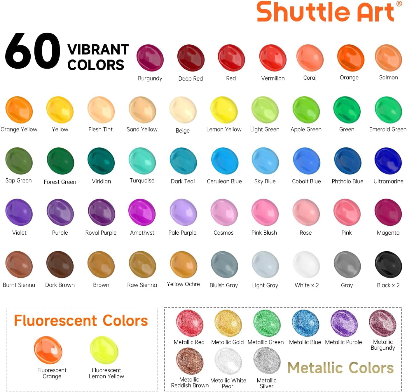 72 Pack Acrylic Paint Set, Shuttle Art 60 Colors Acrylic Paint Including Extra White Black & 12 Brushes, 2oz/60ml, Rich Pigmented, Water Proof, Ideal for Artists, Beginners