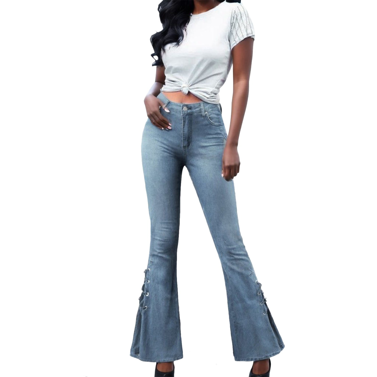 Ediodpoh Denim Jeans Lace up Pants Mid Waist Trousers Flared Women Pants Stretchy Bottom Womens Pants Light blue XL