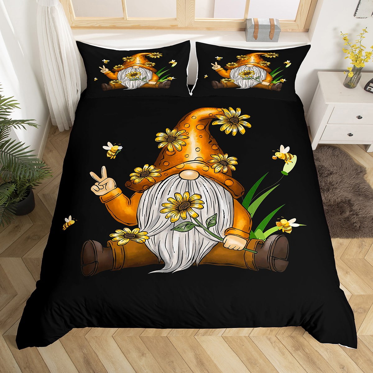 Luvivihome 3pcs Cute Gnome Duvet Cover Queen Bedding, Literie