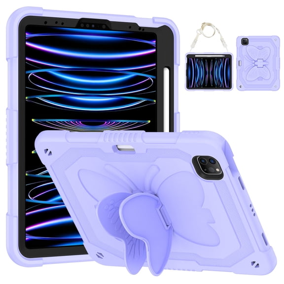 Case for iPad Pro 11 (M4) 2024 with Butterfly Stand, Shockproof Protective Tablet Cover with Shoulder Strap for Kids Girls, Purple