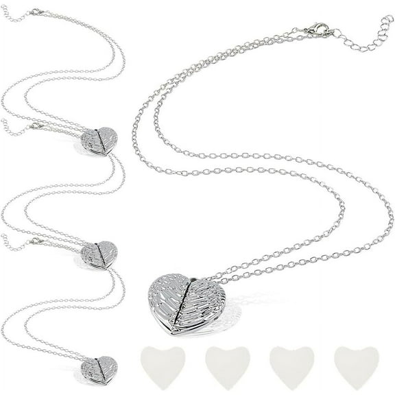 1 Set 4Pcs Heart Photo Locket Necklace Silver Angel Wings Locket Necklace Memory Photo Pendant Necklace Heart Shaped Alloy Pendants Charm Necklaces Memorial Jewelry Gifts for Mom Grandma