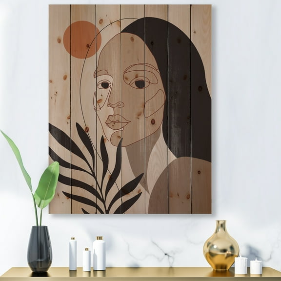 Designart 'Retro Minimal Portrait of Young Girl' Modern Print on Natural Pine Wood