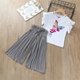 thumbnail image 2 of ZHUASHUM Girls Summer Outfits Round Neck Short Sleeve Solid Color Cartoon Print Top Wide Leg Casual Pants Daily Wear Grey 4-5 Years, 2 of 5