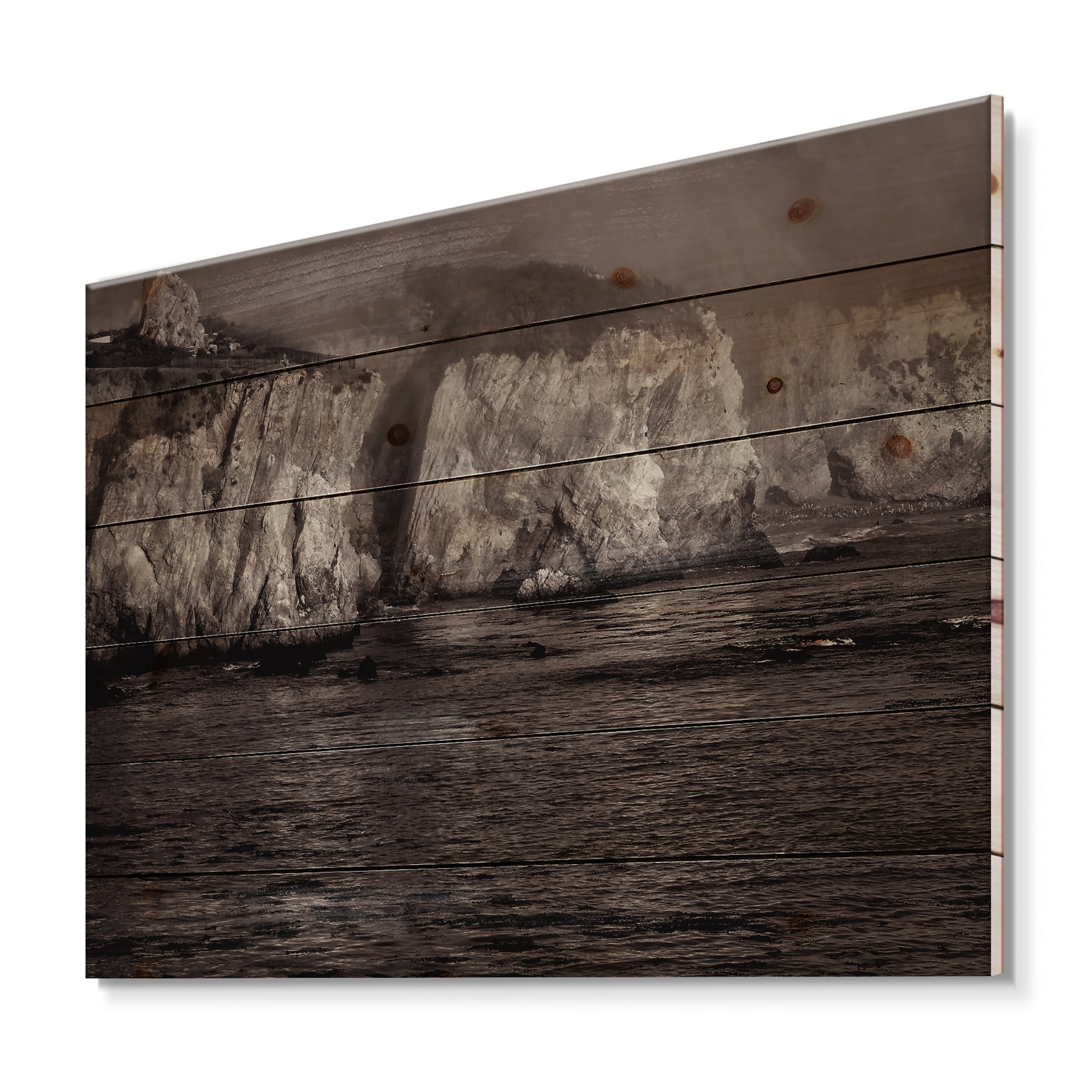 Designart 'Gold Cliffs Over Sea In The Fog' Modern Print on Natural Pine Wood