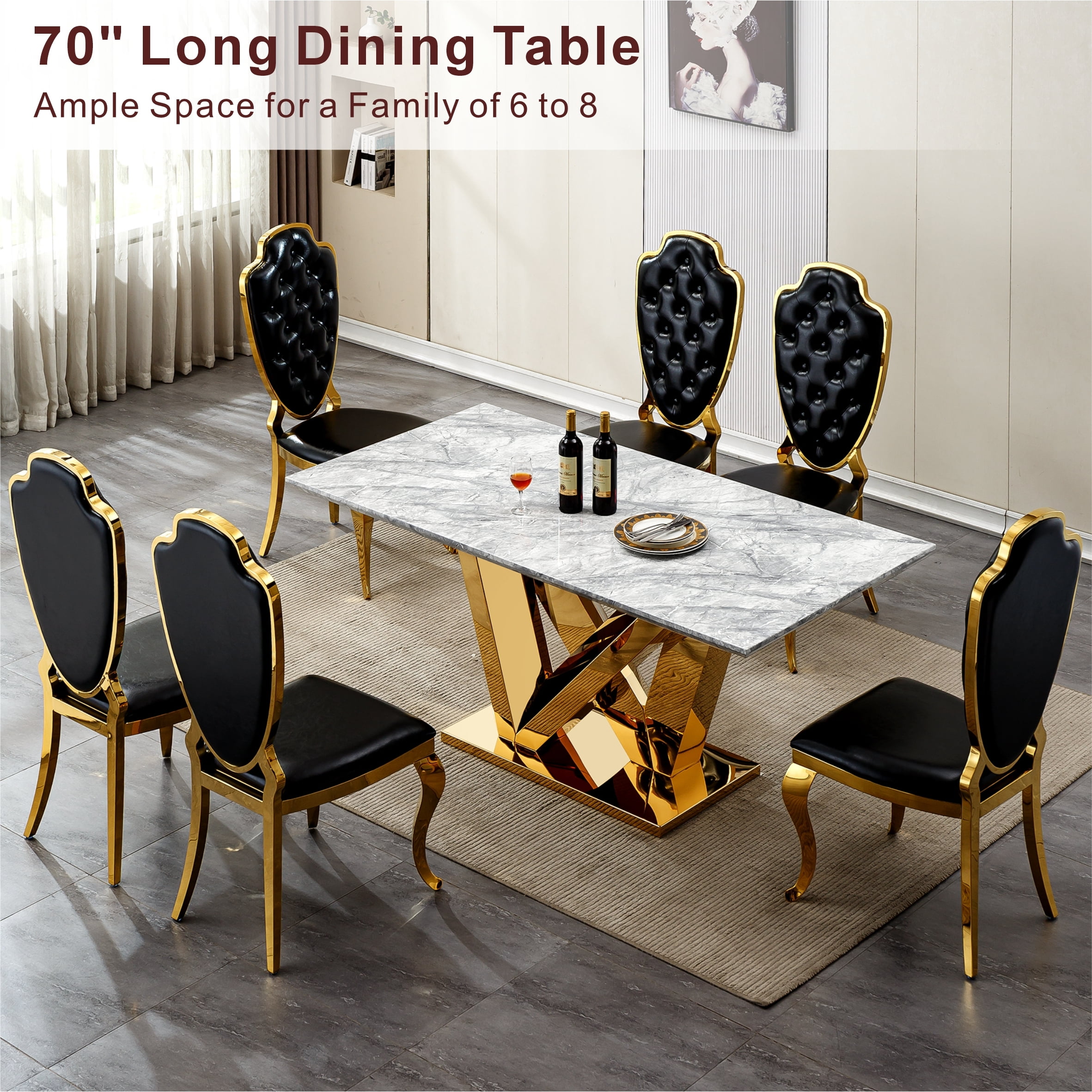 Shikeyi 70" Marble Dining Table for 6-8, Modern Luxury Gold Rectangular Large Kitchen Table, Marble Grain MDF Tabletop & Stainless Steel Base for Kitchen Dining Room, Grey (Table Only)