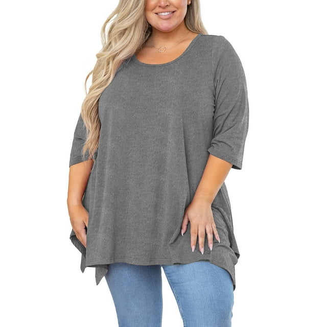 SHOWMALL Tunique Grande Taille pour Femmes Blouse Manches 3/4 Gris 5X Vêtements Haut Évasé Col Rond Maternité Ample