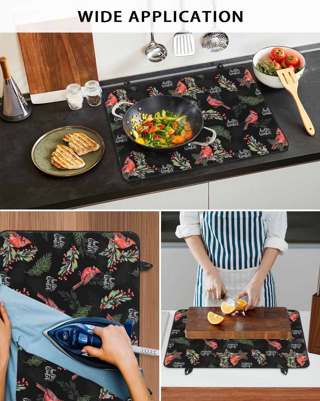 Large Induction Cooktop Protector Mat Cardinal Bird Stove Top Covers for Electric Stove, Holly Branches Berry Winter Botanical Black Decorative Stove Burner Cover Mats, Glass Top Stove Cover