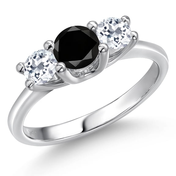 Gem Stone King 14K White Gold Black Diamond & White Topaz 3-Stone Engagement Ring | 1.21 Cttw | Round 5MM and 4MM | Three Stone Wedding Anniversary Promise Ring for Women (Size 6)