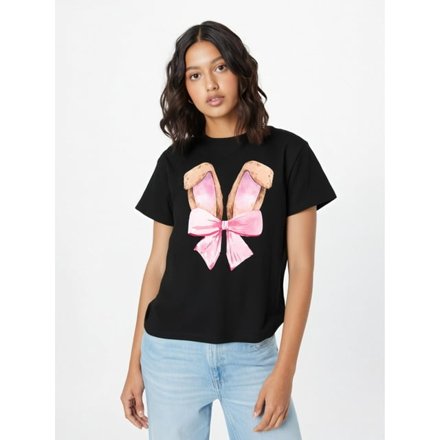 Easter Pink Bow Graphic Print T-Shirt, Short Sleeve Crew Neck Casual Top For Summer & Spring, Women's Clothing Tee For Adult, Men, Women, Teen, Teenager, Adolescent, Youth.