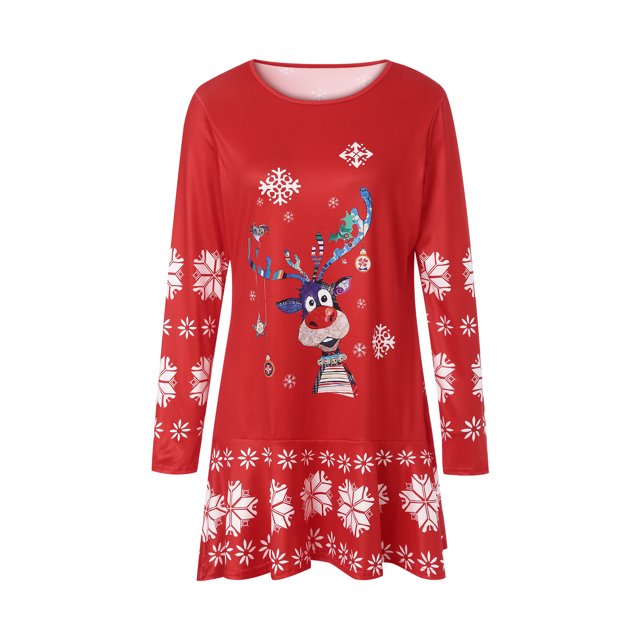 TheFound Women's Dress, Christmas Style Pattern Round Neck Long Sleeve Dress