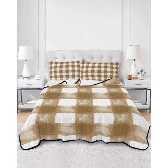 Quilts Twin XL Size, Brown White Plaid Soft Comforter Bedding Set for Bed, Watercolor Farmhouse Checkered Lightweight Quilted Bedspread with Pillow Cover(2 Pieces) for All Season, 68x98 Inch